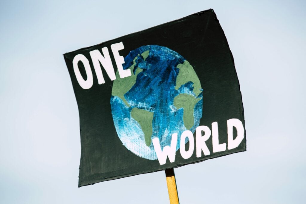 placard at climate march reading one world